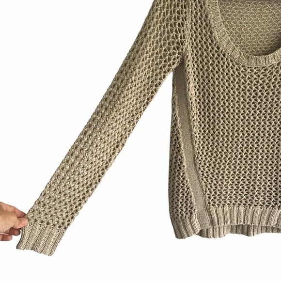 Robert Rodriguez Scoop Neck Open Knit Crochet Sweater Tan Gold Shimmer M - Picture 2 of 8